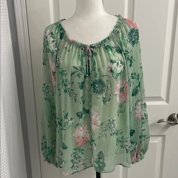 Zara Floral Sheer Blouse in Mint Green & Pink Ruffle Collar with Tie Flowy Fit - Picture 5 of 16